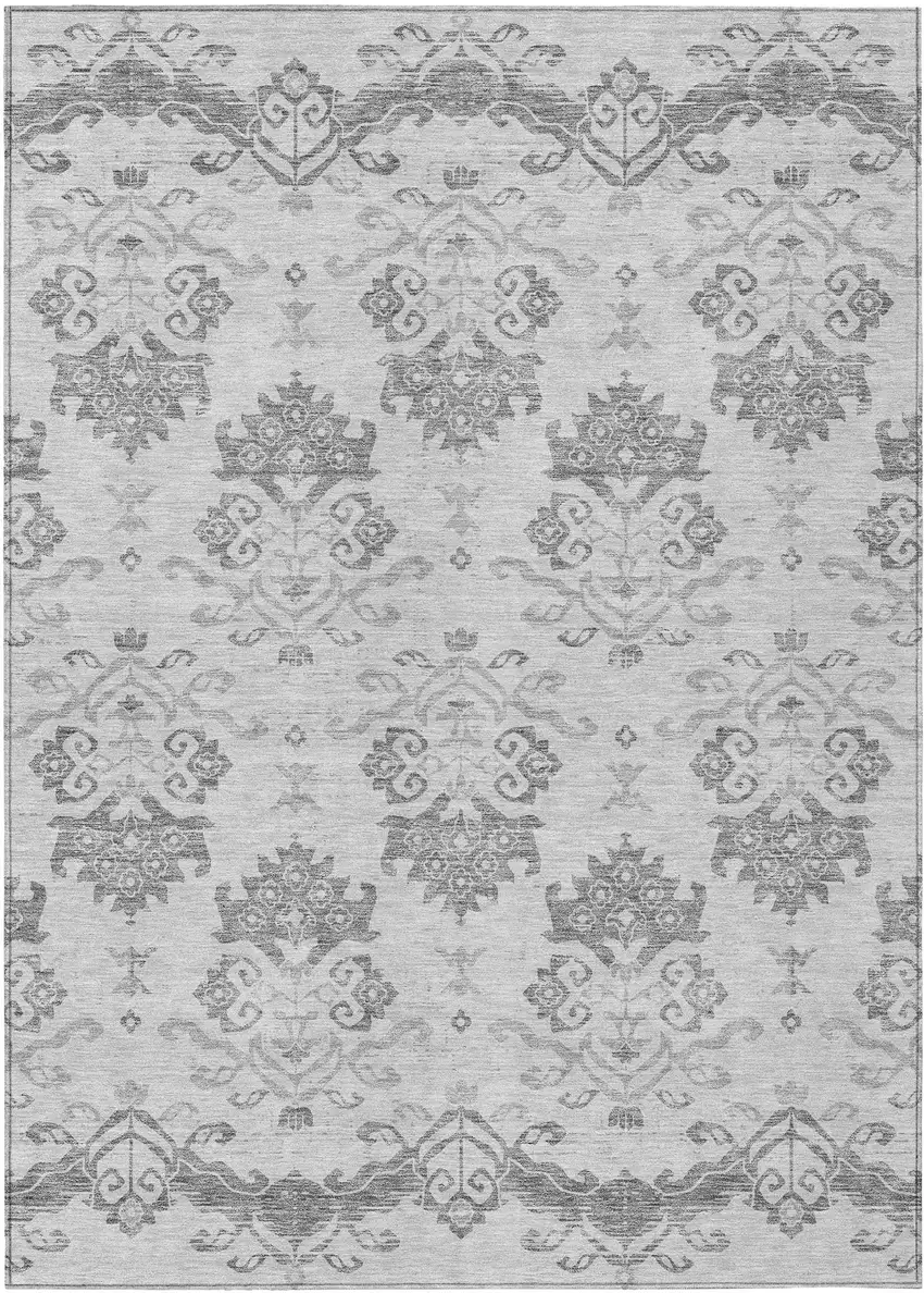 Graphite Gray And Silver Oriental Washable Indoor Outdoor Area Rug Photo 1