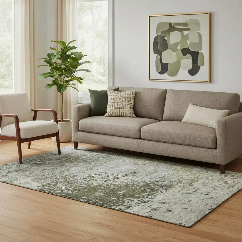 Graphite Green And Ivory Abstract Washable Area Rug With UV Protection Photo 2