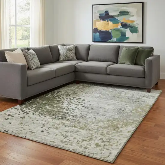 Graphite Green And Ivory Abstract Washable Area Rug With UV Protection Photo 2