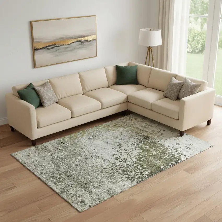 Graphite Green And Ivory Abstract Washable Area Rug With UV Protection Photo 2