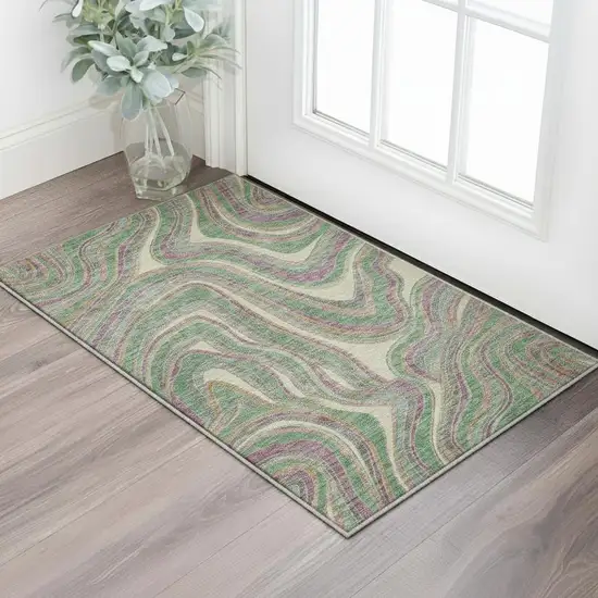 Graphite Green And Purple Marble Washable Area Rug With UV Protection Photo 2