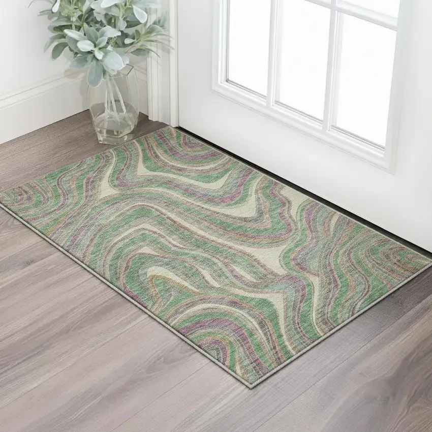 Graphite Green And Purple Marble Washable Area Rug With UV Protection Photo 2