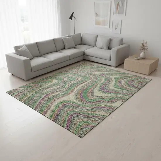 Graphite Green And Purple Marble Washable Area Rug With UV Protection Photo 2