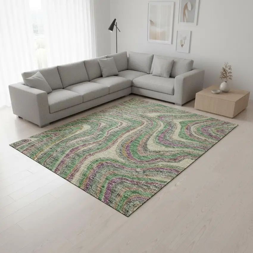 Graphite Green And Purple Marble Washable Area Rug With UV Protection Photo 2