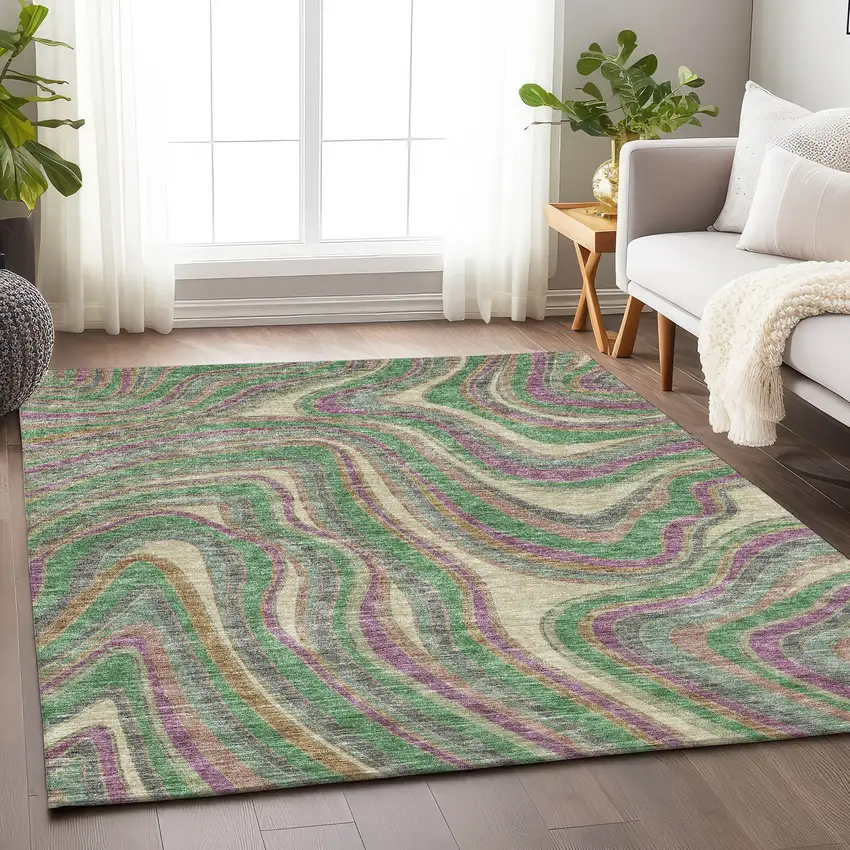 Graphite Green And Purple Marble Washable Area Rug With UV Protection Photo 5