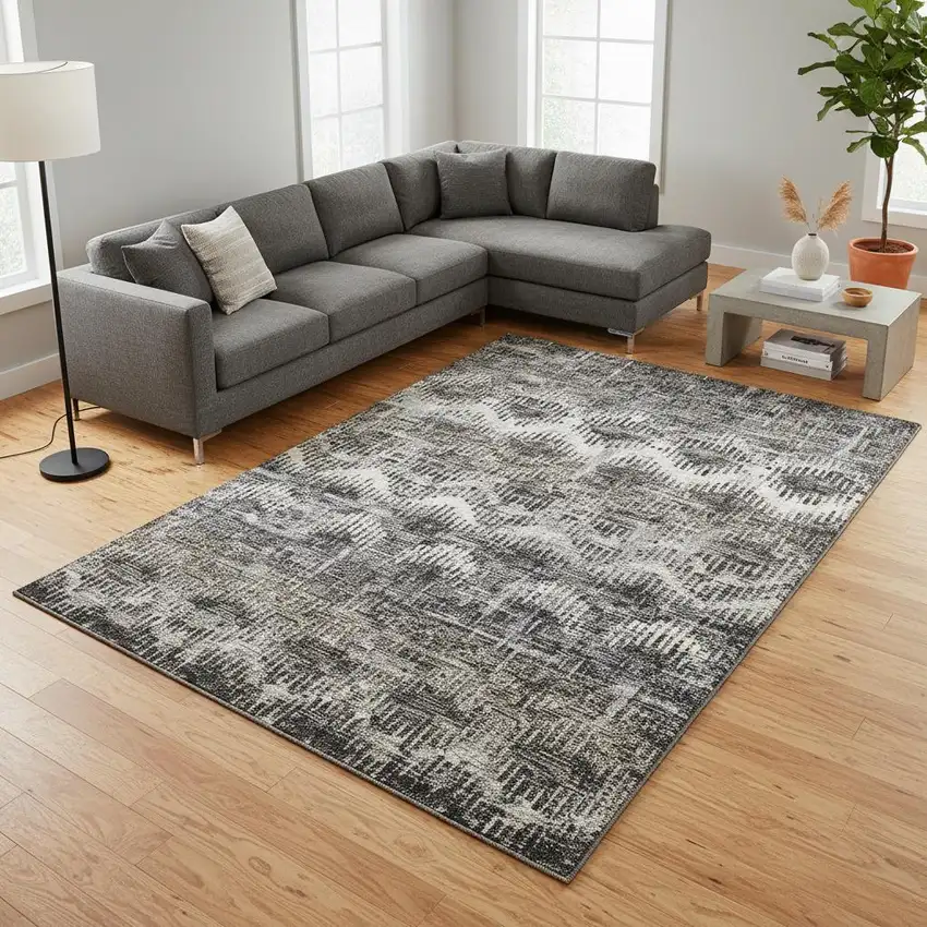 Graphite Ivory And Beige Abstract Washable Area Rug With UV Protection Photo 1