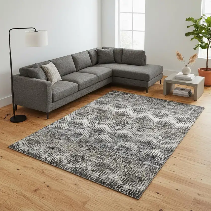 Graphite Ivory And Beige Abstract Washable Area Rug With UV Protection Photo 1