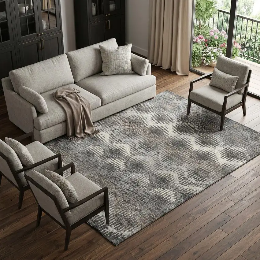Graphite Ivory And Beige Abstract Distressed Washable Area Rug With UV Protection Photo 1
