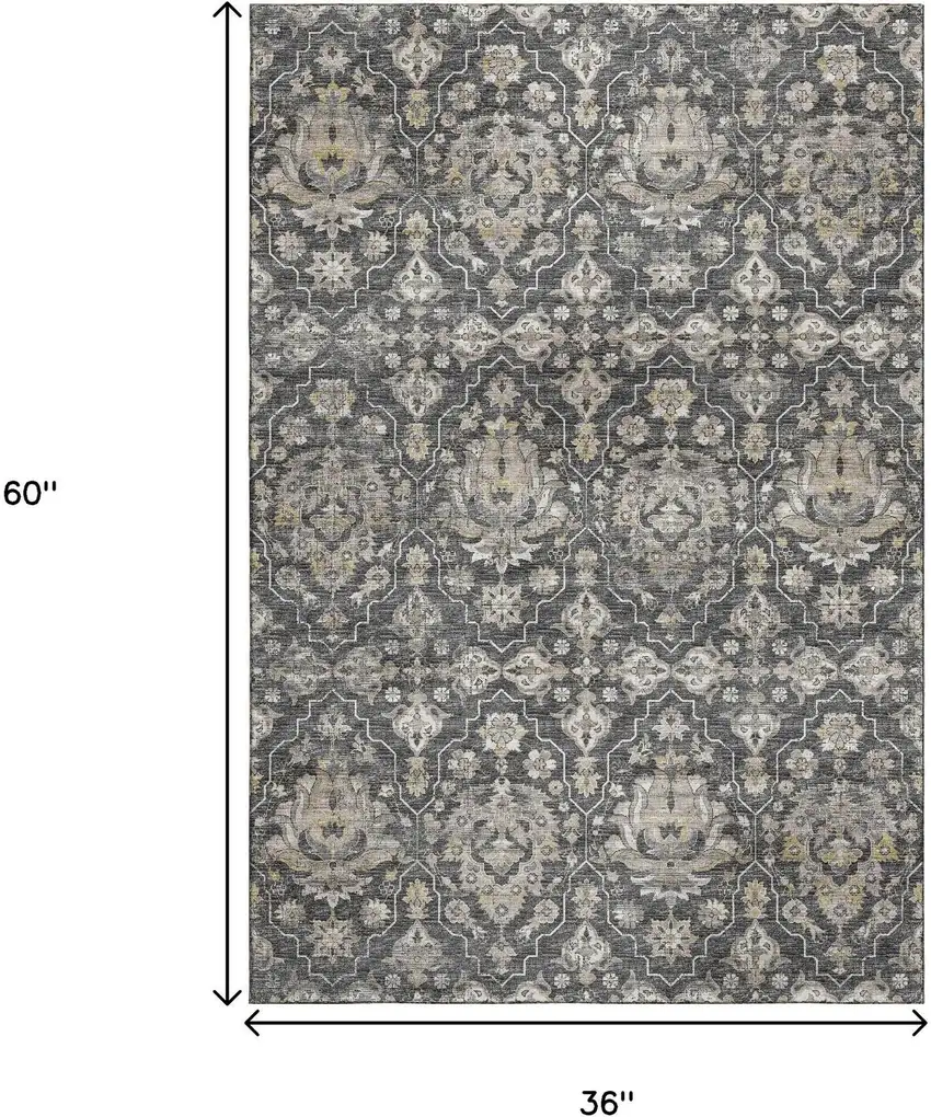Graphite Ivory And Gold Floral Medallion Washable Area Rug With UV Protection Photo 3