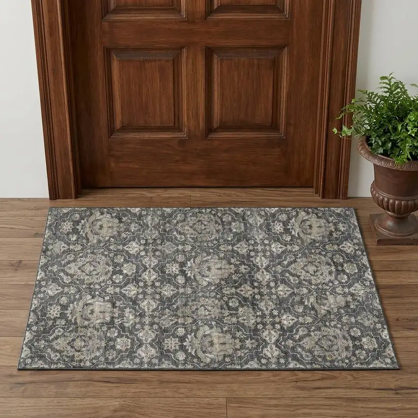 Graphite Ivory And Gold Floral Medallion Distressed Washable Area Rug With UV Protection Photo 1