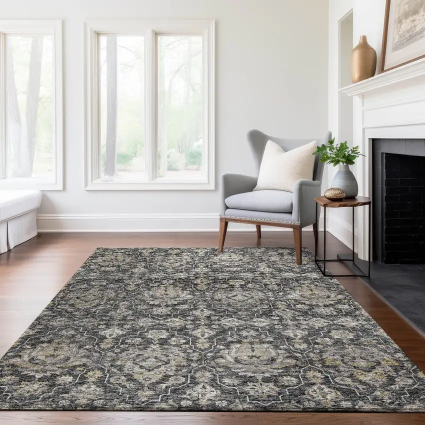 Graphite Ivory And Gold Floral Medallion Washable Area Rug With UV Protection Photo 6