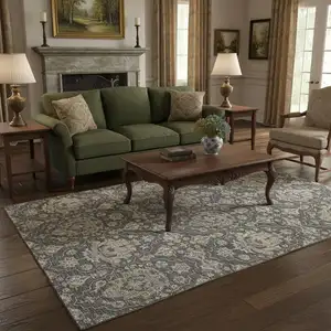 Photo of Graphite Ivory And Gold Floral Medallion Washable Area Rug With UV Protection