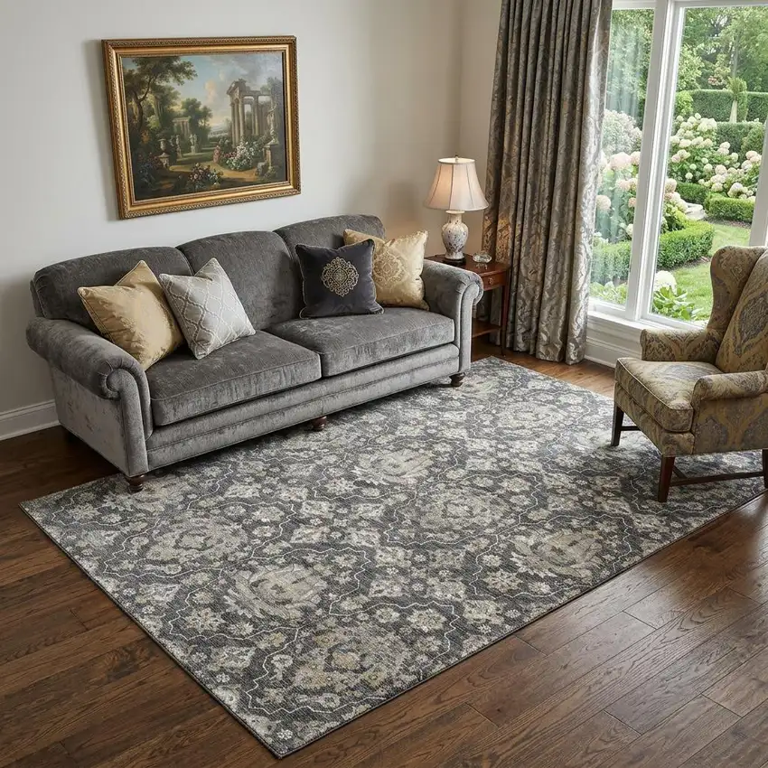 Graphite Ivory And Gold Floral Medallion Distressed Washable Area Rug With UV Protection Photo 1