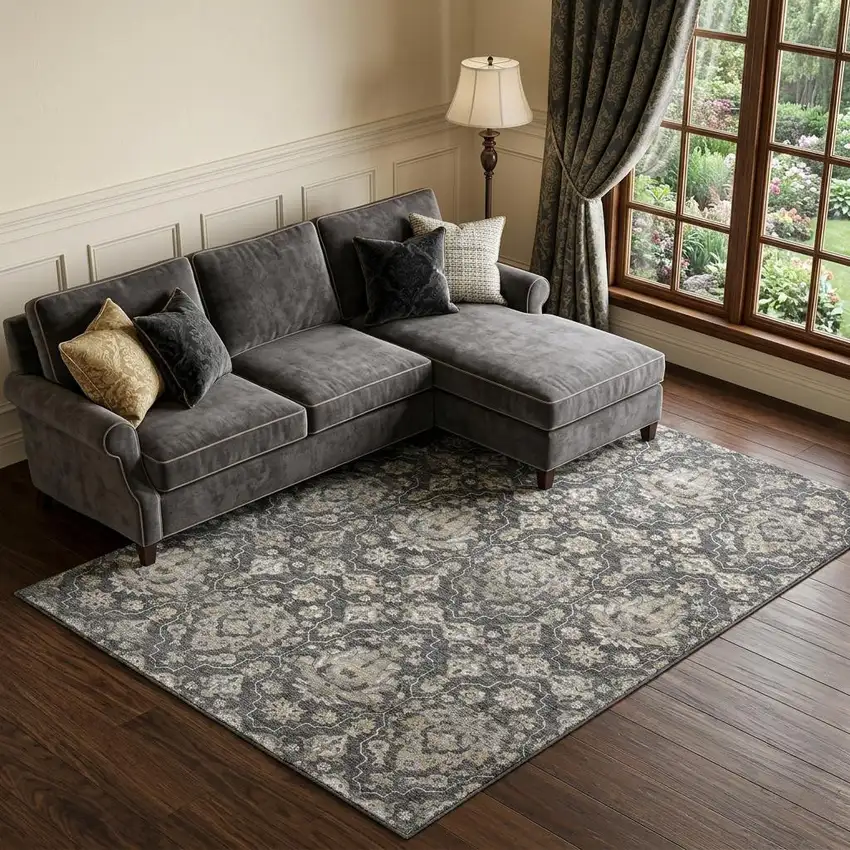 Graphite Ivory And Gold Floral Medallion Distressed Washable Area Rug With UV Protection Photo 1