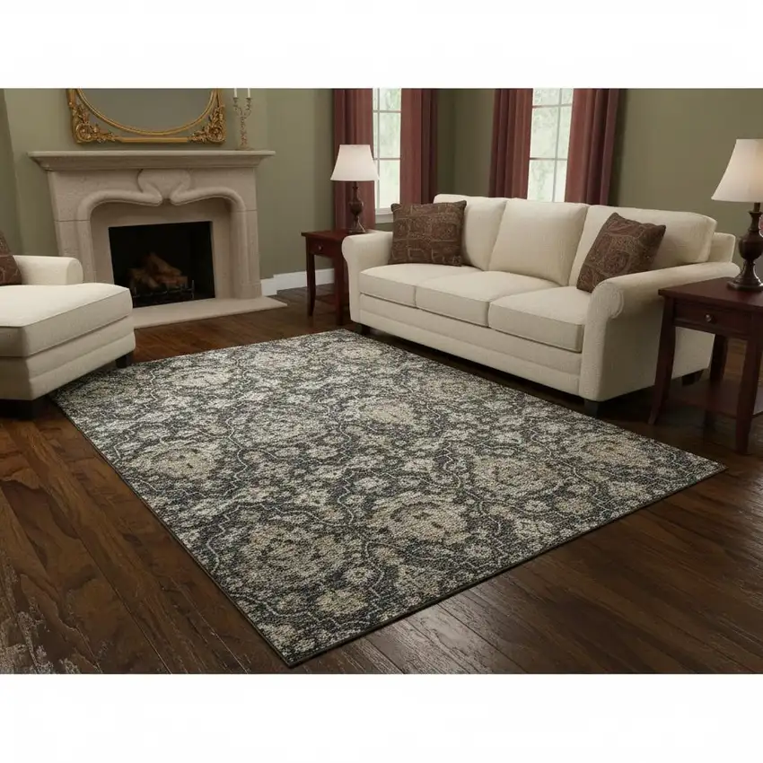 Graphite Ivory And Gold Floral Medallion Washable Area Rug With UV Protection Photo 1