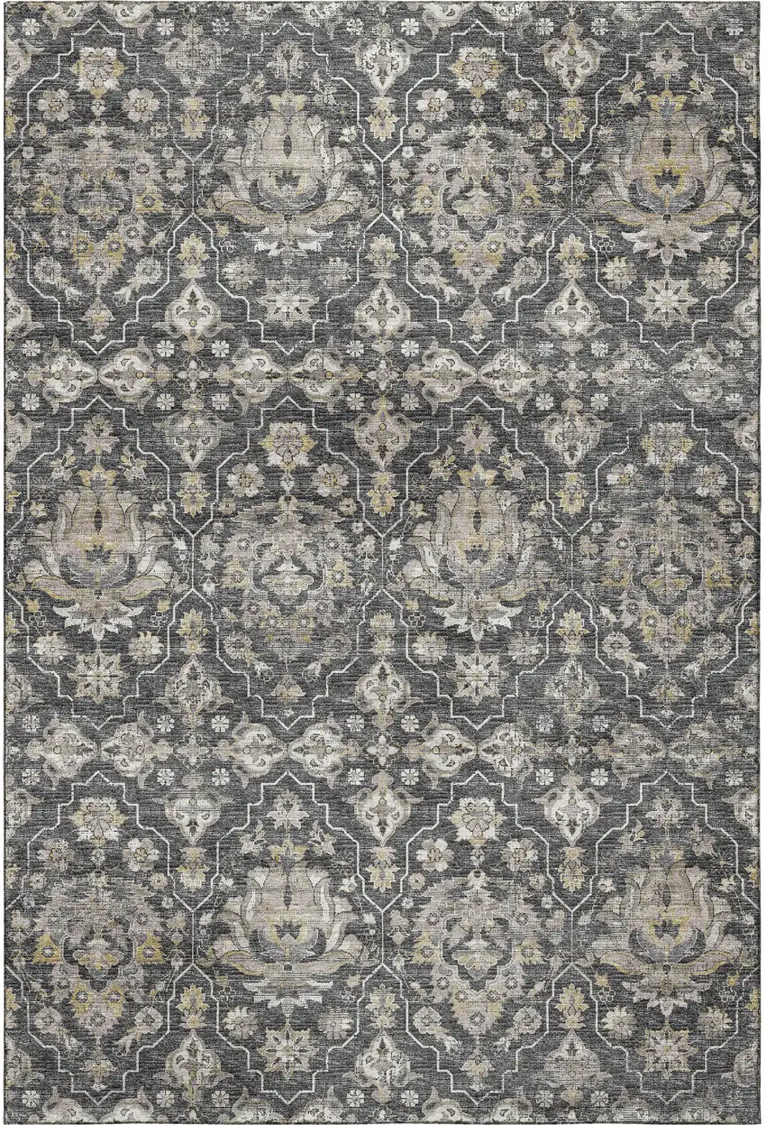 Graphite Ivory And Gold Floral Medallion Washable Area Rug With UV Protection Photo 5