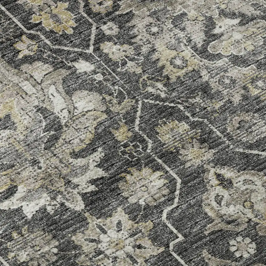 Graphite Ivory And Gold Floral Medallion Distressed Washable Area Rug With UV Protection Photo 9