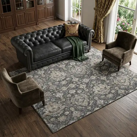 Graphite Ivory And Gold Floral Medallion Distressed Washable Area Rug With UV Protection Photo 1