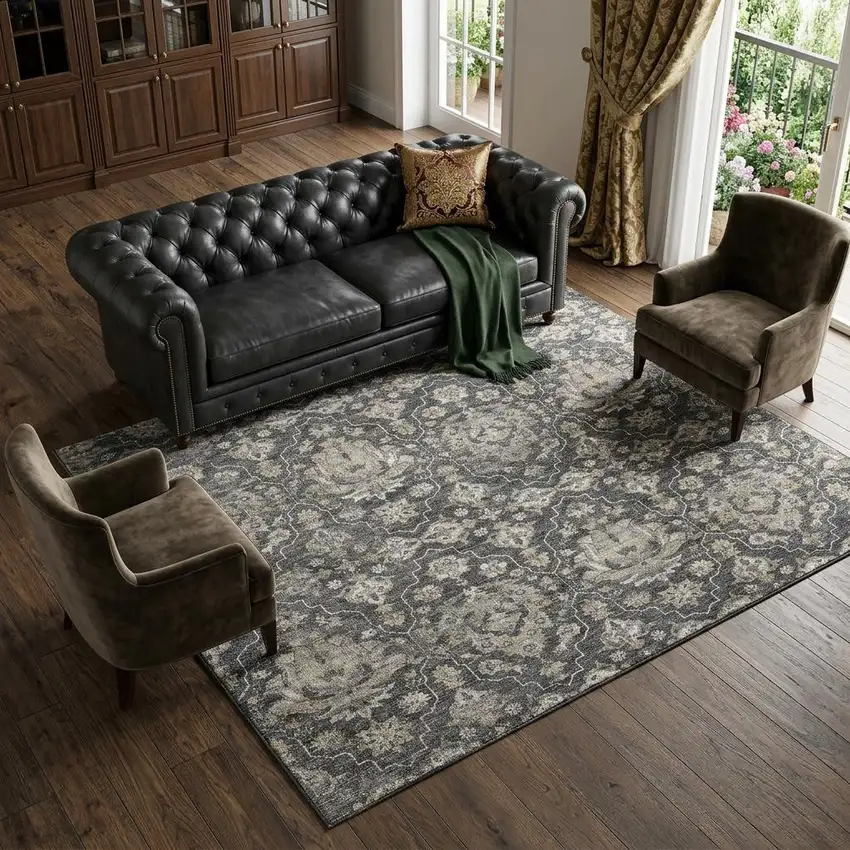 Graphite Ivory And Gold Floral Medallion Distressed Washable Area Rug With UV Protection Photo 1