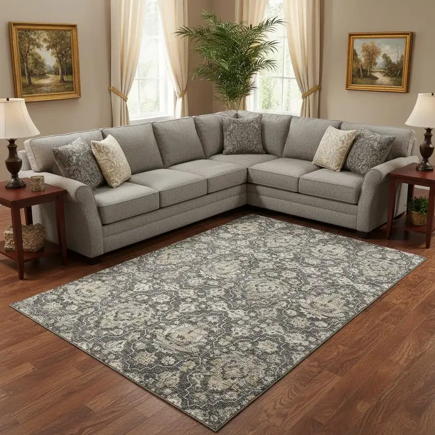 Graphite Ivory And Gold Floral Medallion Washable Area Rug With UV Protection Photo 1