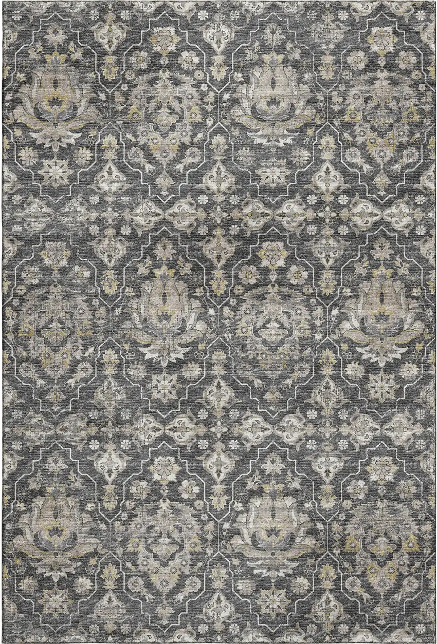 Graphite Ivory And Gold Floral Medallion Washable Area Rug With UV Protection Photo 2