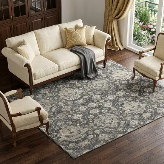 Graphite Ivory And Gold Floral Medallion Distressed Washable Area Rug With UV Protection Photo 1