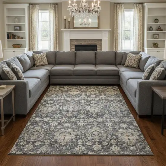 Graphite Ivory And Gold Floral Medallion Washable Area Rug With UV Protection Photo 1