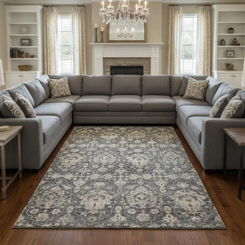 Graphite Ivory And Gold Floral Medallion Washable Area Rug With UV Protection Photo 1