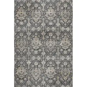 Photo of Graphite Ivory And Gold Floral Medallion Washable Area Rug With UV Protection