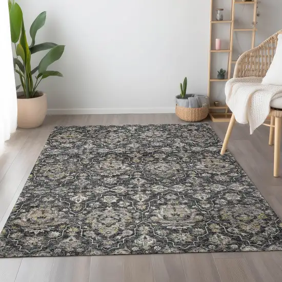 Graphite Ivory And Gold Floral Medallion Washable Area Rug With UV Protection Photo 6