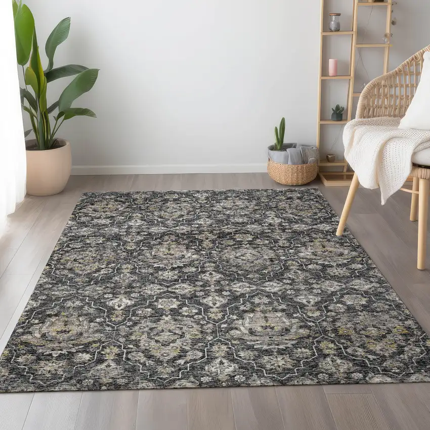 Graphite Ivory And Gold Floral Medallion Washable Area Rug With UV Protection Photo 6