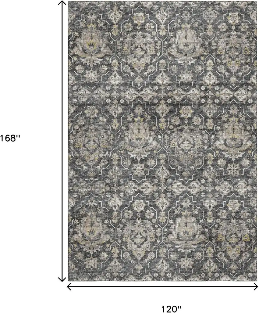 Graphite Ivory And Gold Floral Medallion Washable Area Rug With UV Protection Photo 3