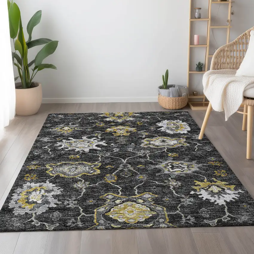 Graphite Ivory And Gold Floral Medallion Washable Area Rug With UV Protection Photo 6