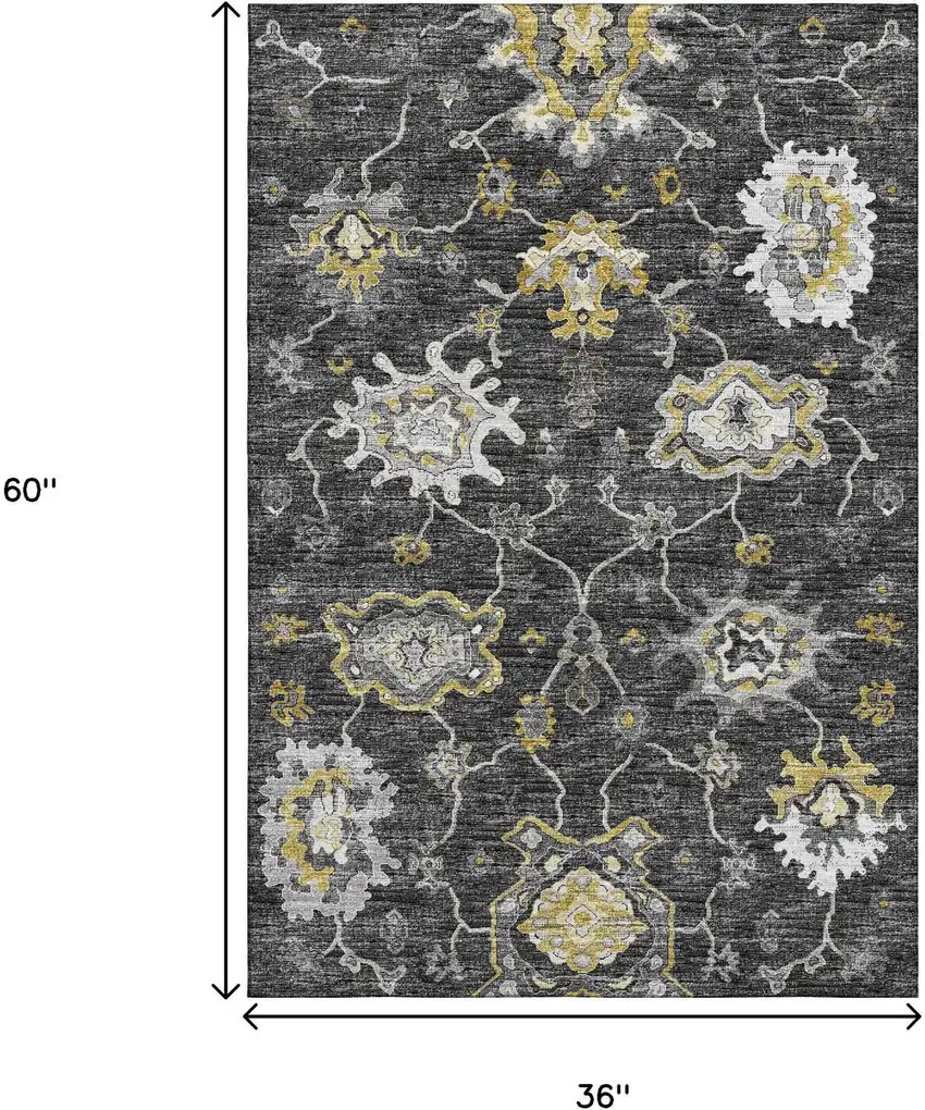 Graphite Ivory And Gold Floral Medallion Washable Area Rug With UV Protection Photo 3