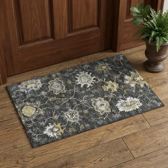 Graphite Ivory And Gold Floral Medallion Distressed Washable Area Rug With UV Protection Photo 1