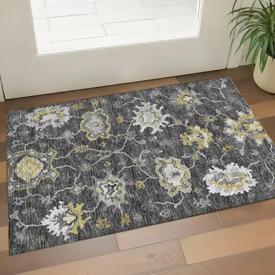 Graphite Ivory And Gold Floral Medallion Washable Area Rug With UV Protection Photo 1