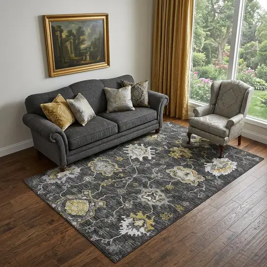 Graphite Ivory And Gold Floral Medallion Distressed Washable Area Rug With UV Protection Photo 1