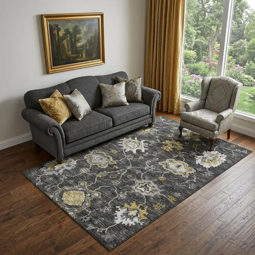Graphite Ivory And Gold Floral Medallion Distressed Washable Area Rug With UV Protection Photo 1