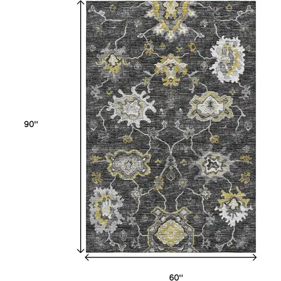 Graphite Ivory And Gold Floral Medallion Washable Area Rug With UV Protection Photo 3