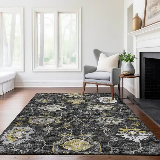 Graphite Ivory And Gold Floral Medallion Washable Area Rug With UV Protection Photo 5