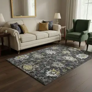 Photo of Graphite Ivory And Gold Floral Medallion Washable Area Rug With UV Protection