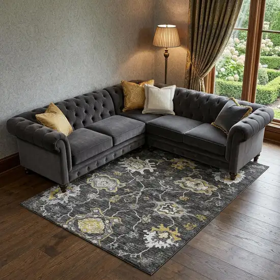 Graphite Ivory And Gold Floral Medallion Distressed Washable Area Rug With UV Protection Photo 1