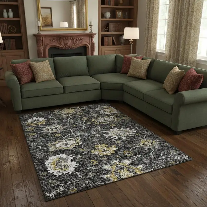 Graphite Ivory And Gold Floral Medallion Washable Area Rug With UV Protection Photo 1