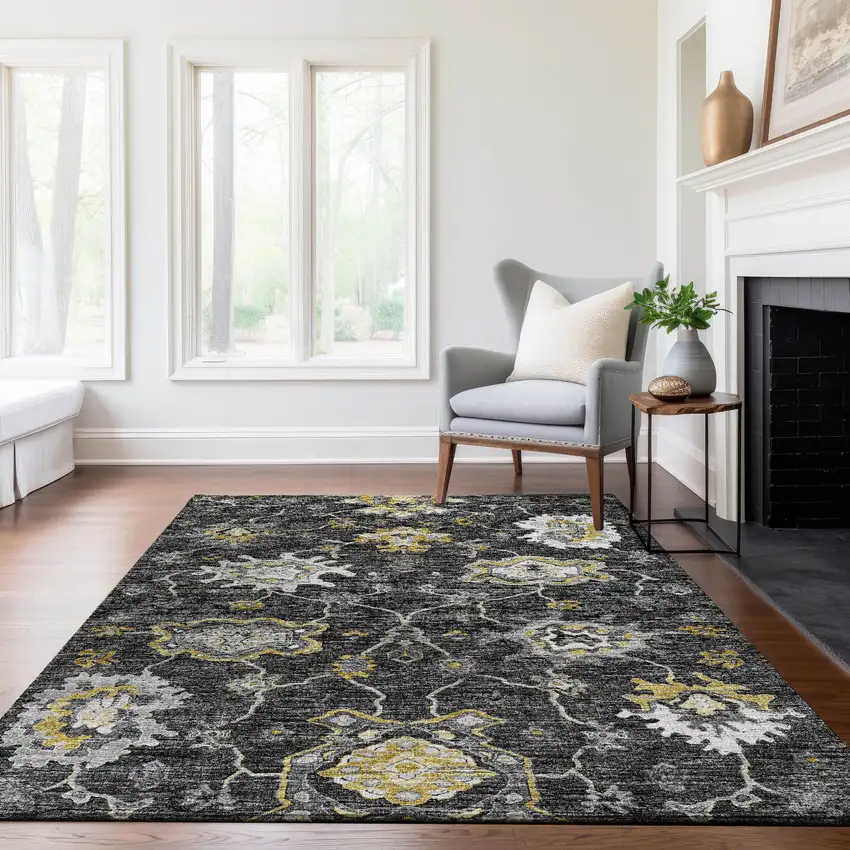 Graphite Ivory And Gold Floral Medallion Washable Area Rug With UV Protection Photo 5