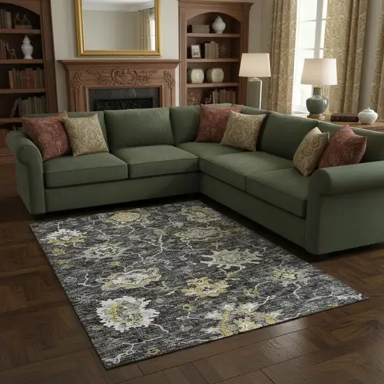 Graphite Ivory And Gold Floral Medallion Washable Area Rug With UV Protection Photo 1