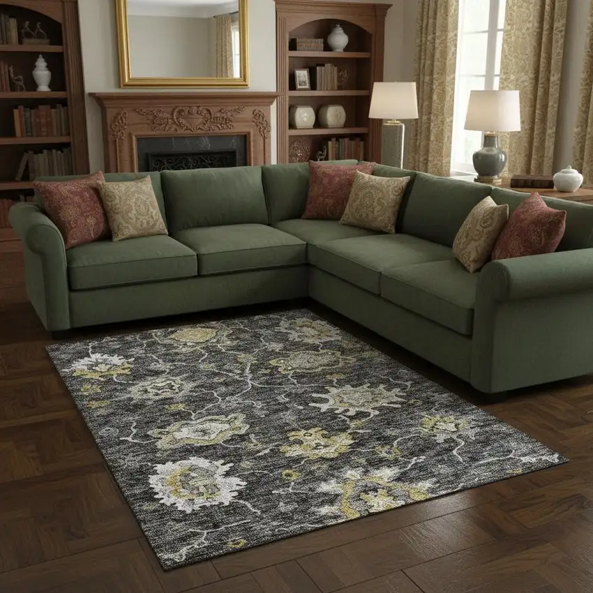 Graphite Ivory And Gold Floral Medallion Washable Area Rug With UV Protection Photo 1