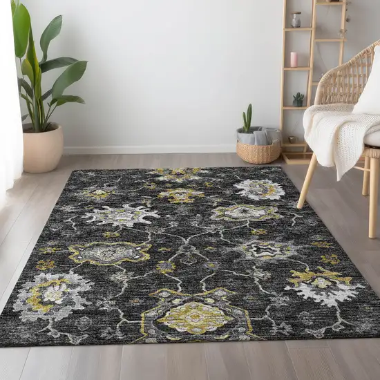 Graphite Ivory And Gold Floral Medallion Washable Area Rug With UV Protection Photo 4