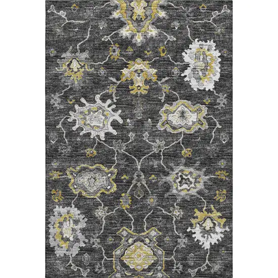 Graphite Ivory And Gold Floral Medallion Washable Area Rug With UV Protection Photo 2