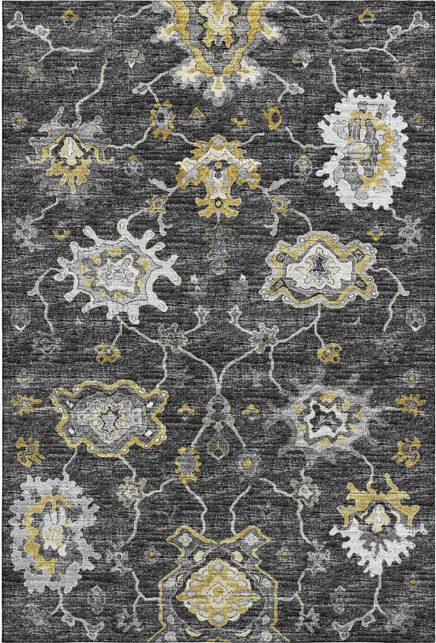 Graphite Ivory And Gold Floral Medallion Washable Area Rug With UV Protection Photo 2