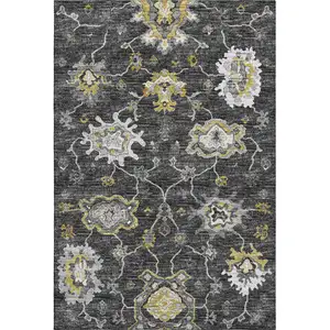 Photo of Graphite Ivory And Gold Floral Medallion Washable Area Rug With UV Protection